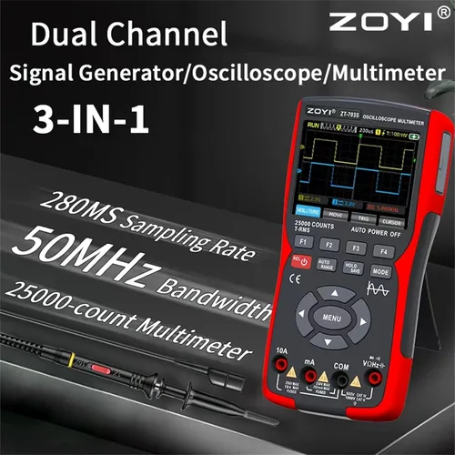 Vista 2 de ZT-703S Osciloscopio multímetro digital 3 en 1 y generador de señal, 2 canales 50MHz, medidor de voltaje de alta precisión, rango automático, diodo