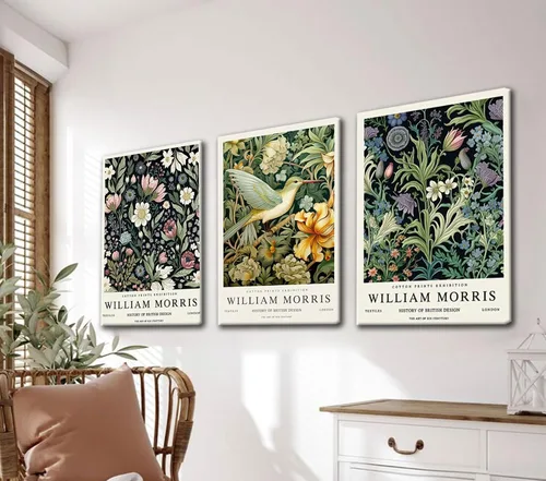 Vista 4 de 3 piezas de lienzo estilo William Morris, arte de pared vintage botánico floral y pájaro, impresiones en lienzo estirado envuelto en galería
