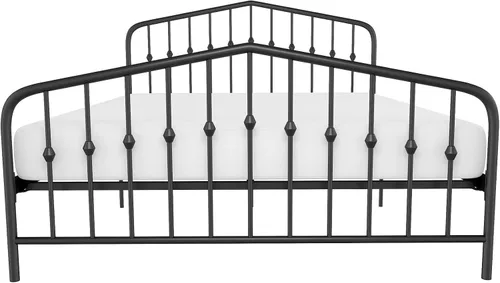 Vista 16 de Novogratz Bushwick - Marco de cama Queen de metal con cabecera ligeramente triangular, husillos insertados, base ajustable para almacenamiento,