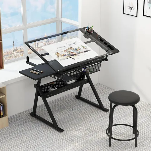 Vista 7 de Mesa de dibujo con taburete, mesa de dibujo multifuncional ajustable en Negro