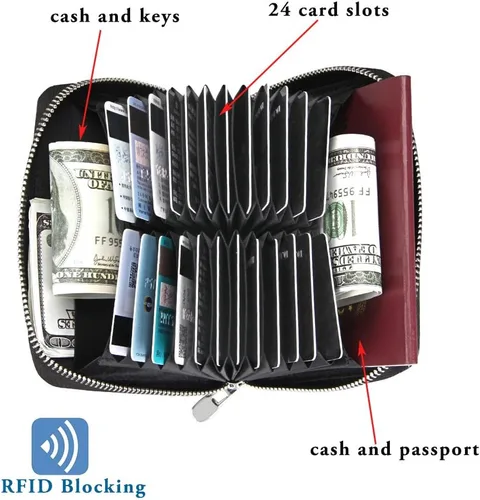 Vista 3 de boshiho Cartera con bloqueo RFID de 24 ranuras para tarjetas de crédito, de piel auténtica, organizador de múltiples tarjetas, con cremallera