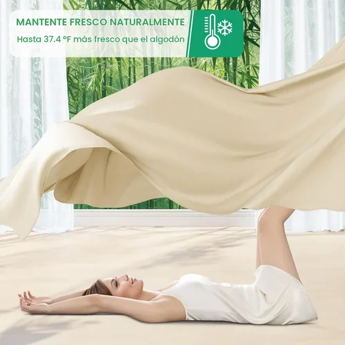 Vista 3 de SONORO KATE Sábanas 100% viscosa derivada de bambú tamaño matrimonial, sábanas ultra transpirables y refrescantes para personas que duermen con Beige
