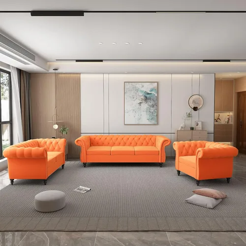 Vista 44 de Juego de 2 piezas para sala de estar, sofá Chesterfield de terciopelo con sofá cama y silla con brazos en espiral y tachuelas para sala de estar