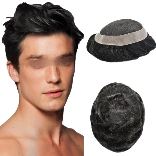 Vista 61 de Toupee de cabello humano fino mono revestido de poliéster para hombre, postizo de monofilamento duradero NPU monofilamento tupé para hombres