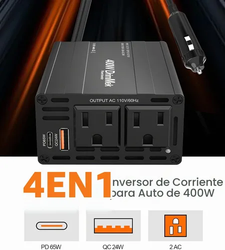 Vista 2 de 400 W Inversor de corriente para automóvil - Adaptador de enchufe de toma doble CC 12 V a 110 V CA, puerto USB C de carga rápida 65 W y 24 W Negro