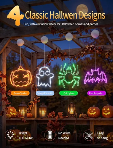Vista 2 de Abeja Luces de ventana de Halloween, paquete de 4 unidades, calabaza