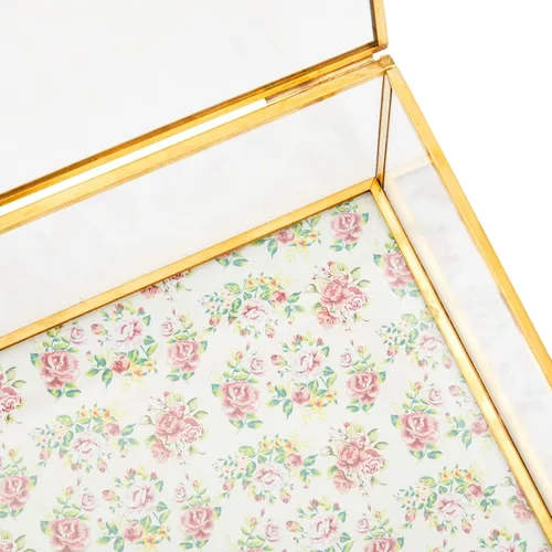 Vista 4 de Zodaca Joyero pequeño de cristal para recuerdos con marco de metal dorado, tapa de bisagra, diseño floral vintage (6 x 6 x 3 pulgadas)