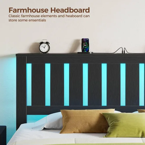 Vista 4 de Rolanstar Estructura de Cama Full con Cabecero, Estación de Carga y Luces LED, Base de Estructura de Cama de Madera con Soporte de Listones de Negro