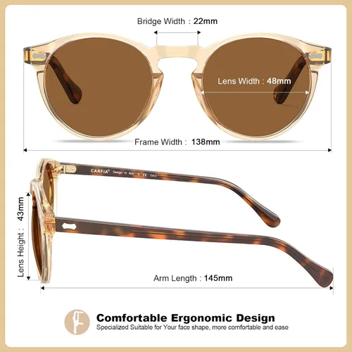 Vista 5 de CARFIA Gafas de sol polarizadas de acetato redondo para mujer, protección UV de cara pequeña con funda de cuero CA5288