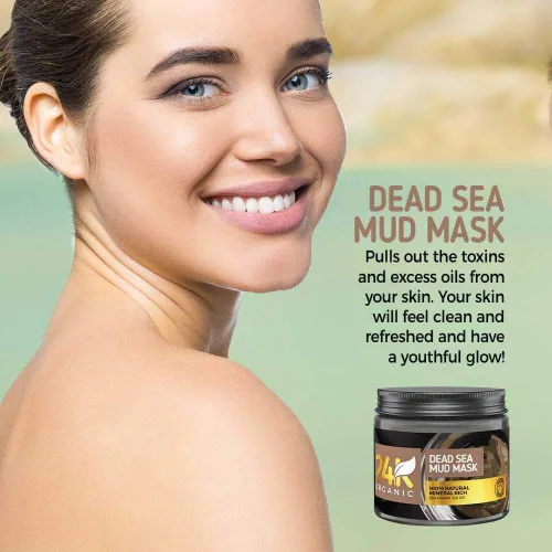 Vista 3 de Máscara orgánica de barro del Mar Muerto 24K para cara, cabello y cuerpo, 100% natural y orgánico, limpiador de piel profunda, aplicador de cepillo