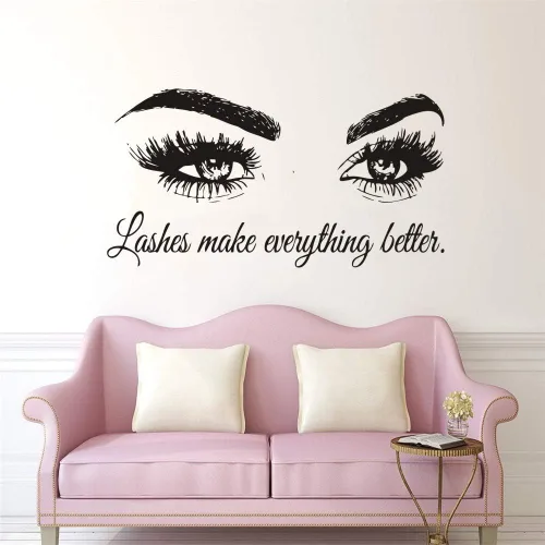 Vista 4 de Calcomanía de pared con texto en inglés "Lashes Make Everything Better", adhesivo de vinilo para salón de belleza, sala de maquillaje, espejo