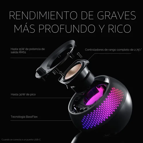 Vista 3 de Creative Pebble X Plus 2.1 - Altavoces de computadora USB-C con subwoofer e iluminación RGB personalizable, Bluetooth 5.3, audio USB, hasta 15 W