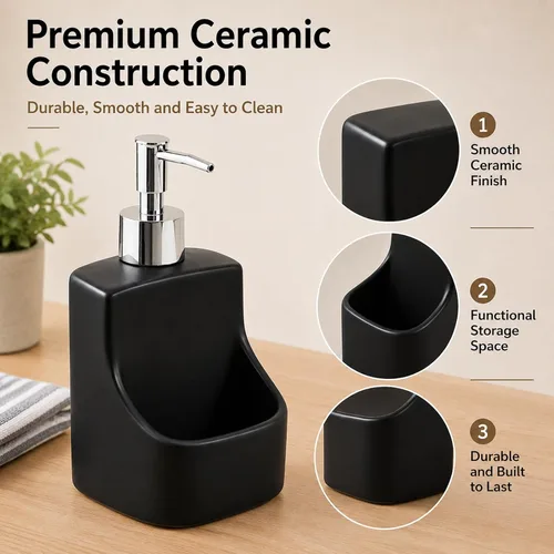 Vista 3 de Dispensador de jabón 2 en 1 con soporte para esponja, dispensador de jabón de cocina de cerámica con organizador integrado, organizador de fregadero