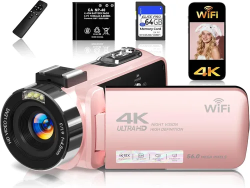 Vista 10 de Videocámara de video 4K con tarjeta SD de 64 GB, cámara WiFi de 56 MP para YouTube, visión nocturna IR, pantalla táctil de 3.0 pulgadas, zoom