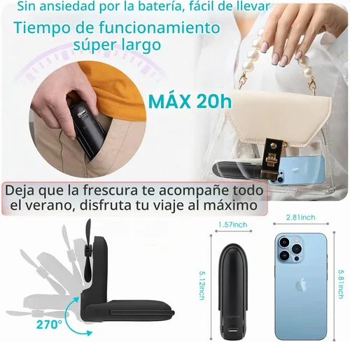 Vista 5 de Digibond Mini ventilador de mano recargable con batería 2000mAh 6in1 forma de bala Ventilador personal portátil 3 velocidades con linterna (negro)