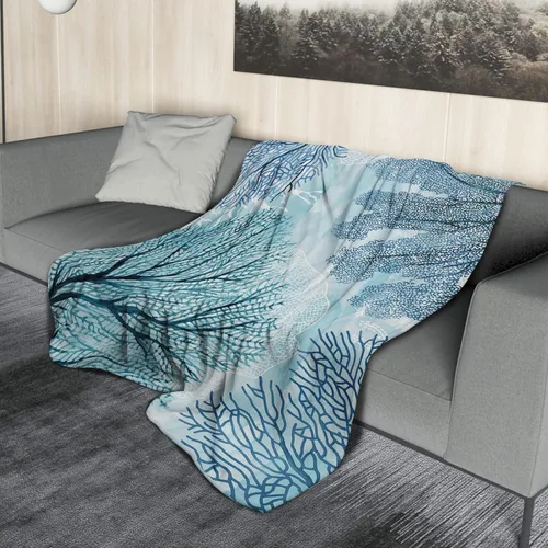 Vista 3 de Manta náutica costera, acuarela, verde azulado, azul, coral, manta de franela suave con temática oceánica, manta decorativa ligera para sofá