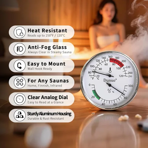 Vista 2 de Termómetro higrómetro de sauna, medidor de temperatura de 4 pulgadas con Fahrenheit y Celsius, 70-250°F / 0-100% HR, medidor analógico resistente al