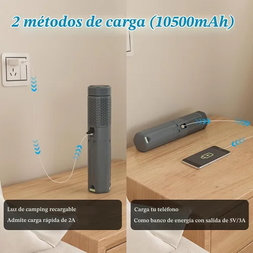 Vista 6 de Luz telescópica para campamento con soporte, linterna de campamento recargable de 10500 mAh, linterna portátil regulable con bolsa