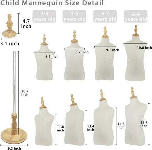 Vista 3 de Maniquí infantil para exhibición de ropa, torso de maniquí ajustable para niños con base de madera, 2-3 años 15" - 28" Height Adjustable, Beige
