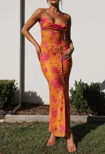 Vista 6 de Vestido largo con estampado de flores para mujer, con tirantes delgados, vestido largo floral, sexy, con tirantes delgados, vestido de cóctel