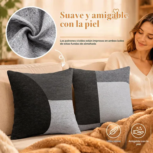 Vista 5 de Juego de 4 fundas de almohada geométricas abstractas de 18 x 18 pulgadas, color negro y gris, fundas cuadradas decorativas para sofá Abstracto 2