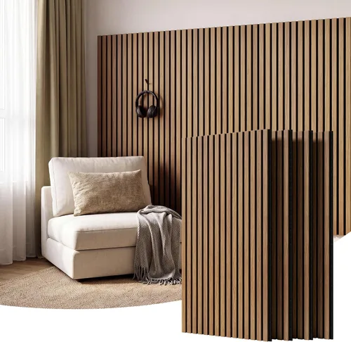 Vista 18 de Amsleekey Paquete de 4 paneles de pared de listones de madera acústica de Teca