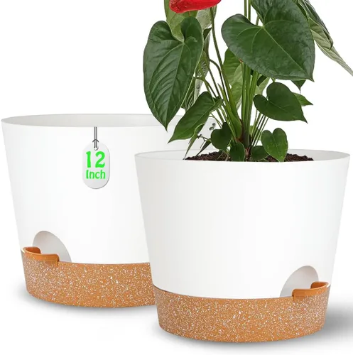Vista 9 de Macetas de riego automático con orificio de drenaje y depósito, macetas grandes para plantas de interior y exterior, maceta de plástico