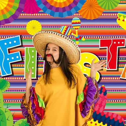 Vista 7 de Pancarta de fondo de fotografía con temática mexicana y Cinco de Mayo impreso de plástico para cabina de fotos mexicana, 51 x 86.6 pulgadas