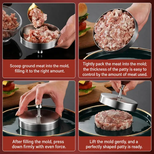 Vista 3 de Burger Press Patty Maker, 304 Stainless Steel Adjustable Hamburger Patty Press, Non Stick for Kitchen, Silver 2.76 Inch