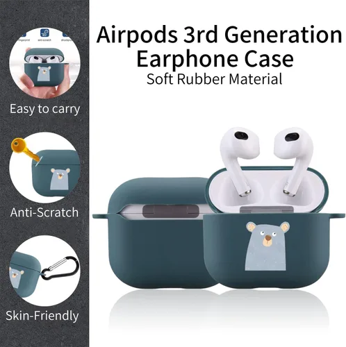 Vista 3 de Bonita funda de oso compatible con AirPods 3 con llavero, diseño de animales de dibujos animados, funda de TPU suave para AirPods de tercera