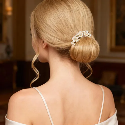 Vista 6 de 2 pinzas para el pelo de flores de perlas para mujer, horquilla francesa en forma de U, moño de metal dorado, clips para el pelo de flores