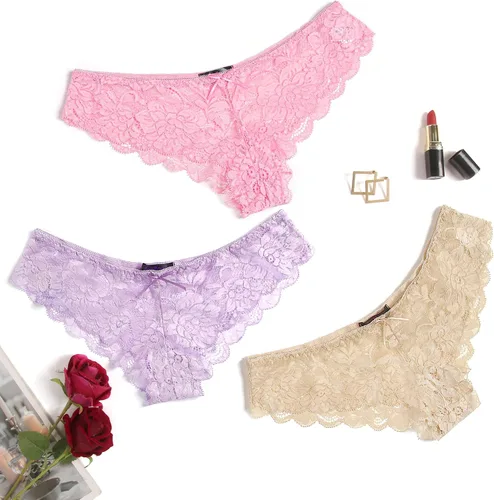 Vista 4 de Avidlove Bragas de encaje sexy para mujer, paquete de 4 unidades, ropa interior hipster en forma de V
