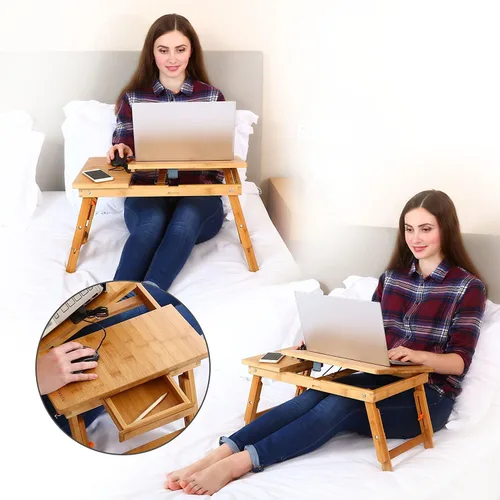 Vista 8 de Mesa para laptop Nnewvante ajustable de bambú, bandeja plegable para servir el desayuno en la cama con cajón superior inclinable
