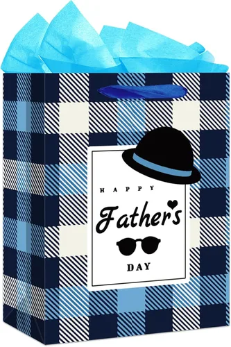 Vista 16 de WaaHome Bolsa de regalo para el día del padre para papá, con papel de seda y asa, 13 x 10.5 x 5.8 pulgadas, bolsa de regalo grande azul para el día