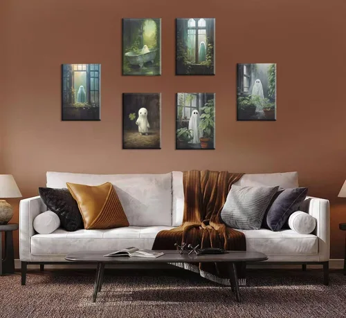 Vista 3 de Dizfen 6 piezas de lienzo divertido de fantasma, arte de pared, póster vintage de Halloween, lindo fantasma, pintura de fantasma, imágenes