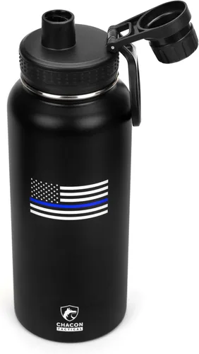 Vista 6 de Botella de agua aislada, negro, acero inoxidable, 32 onzas, diseño de bandera estadounidense de línea azul fina, boca ancha
