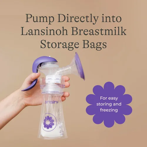 Vista 6 de Lansinoh Extractor de leche manual, bomba de mano con borde cómodo, incluye biberón de 5oz con tetina de flujo lento, elementos esenciales