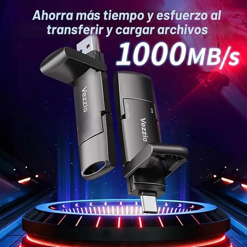 Vista 3 de Unidad externa SSD Vezzio USB Velocidad de hasta 1000 MB/s Pulgar, USB 3.2 Gen2+Tipo C SSD portátil de doble puerto, memoria USB para iPhone17, 16