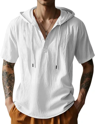 Vista 11 de Sudaderas con capucha de algodón y lino para hombre, camisa de manga corta con botones, camisa de verano hawaiana con cordón