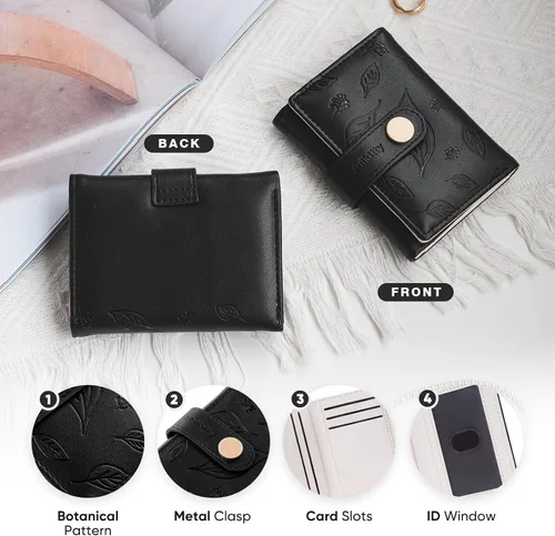 Vista 6 de Vulkitty Billetera pequeña para mujer, de piel triple con ventana de identificación, bloqueo RFID, billetera de seguridad para mujer, soporte