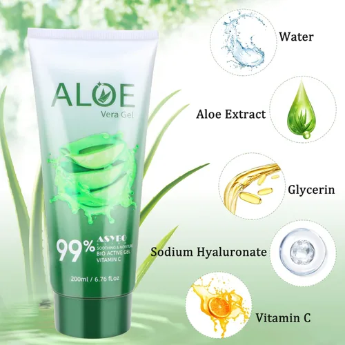 Vista 2 de Gel de aloe vera de 200 x 0.1 fl oz, 99% orgánico puro aloe vera hidratante facial y corporal, crema de aloe natural para piel seca, quemaduras