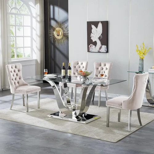 Vista 35 de Moderno juego de mesa de comedor de cristal de 5 piezas para 4, 70 pulgadas rectangular con 4 sillas copetudas de terciopelo beige, juego de mesa