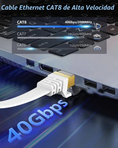 Vista 2 de Cable Ethernet Cat 8 de 19.7 ft, 20 pies, Cat8 de alta velocidad, 40 Gbps 2000 MHz, plano RJ45 Gigabit, cable de red de Internet, 20 pies
