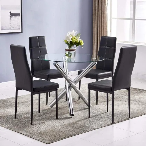 Vista 8 de Juego de mesa de comedor de 5 piezas, moderno juego de mesa de comedor negro para 4, mesa de comedor de cocina de vidrio templado con 4 sillas