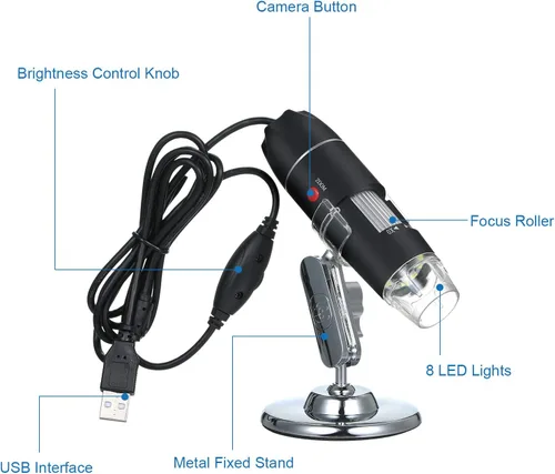 Vista 7 de Andoer Microscopio digital USB 1600X cámara de aumento 8 LED con soporte portátil de inspección de mano lupa