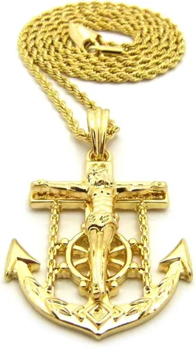 Vista 5 de Shiny Jewelers USA - Colgante de cadena cubana de cuerda para hombre Jesús con ancla de cruz y cadera, 24.0in