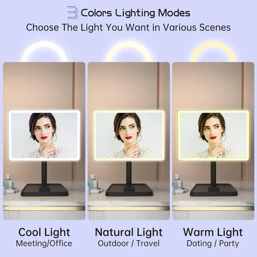 Vista 3 de FUNTOUCH Espejo de tocador de maquillaje recargable con luces, espejo de escritorio grande iluminado con 96 luces LED y aumento de 10x, iluminación
