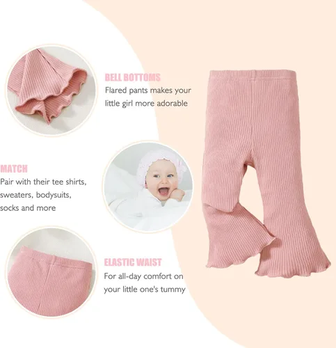 Vista 4 de SOBOWO Pantalones acampanados para bebé, paquete de 3 unidades para niña pequeña, color liso, acanalado, con volantes, pantalones acampanados