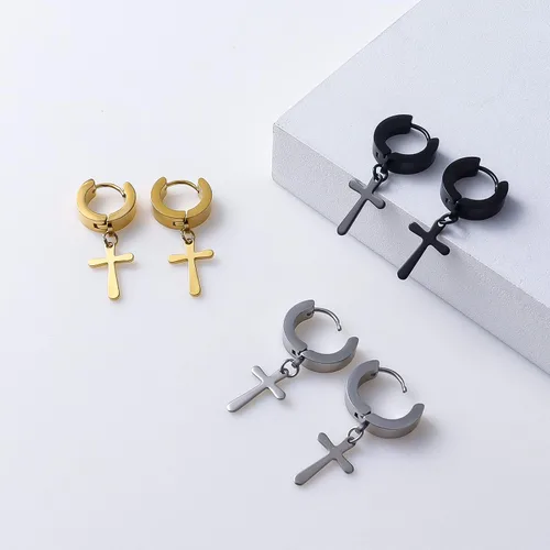 Vista 9 de Halawly Juego de aretes de aro de acero inoxidable para mujeres y niñas, 3 pares6 pares10 pares pequeños, enormes plateados, dorados, negros, cruz