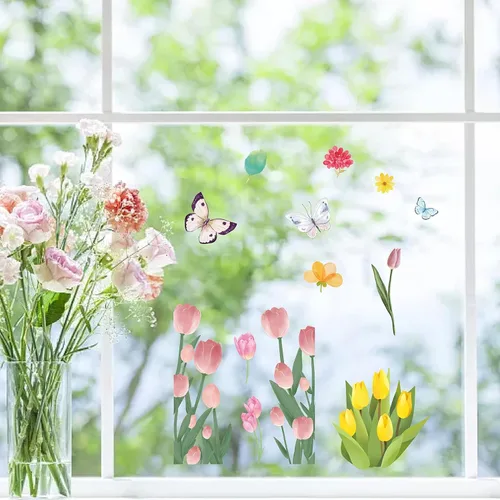 Vista 5 de CRASPIRE 8 estilos de tulipanes de flores, mariposas, calcomanías de pared de PVC floral, impermeables, autoadhesivas, vinilo autoadhesivo